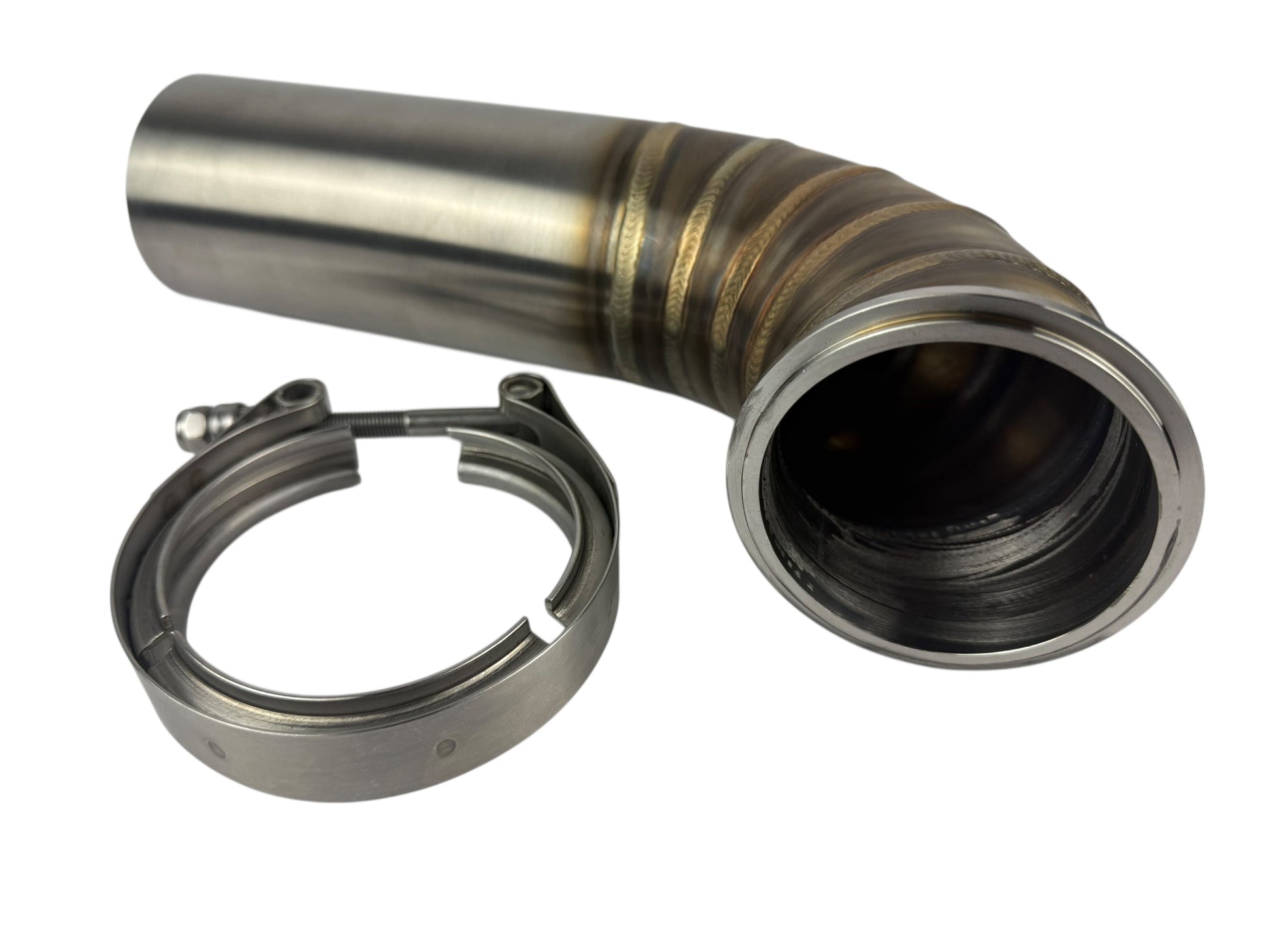 JackSpania Racing 3-inch downpipe with V-band turbo flange and O2 bung for exhaust systems and turbochargers.