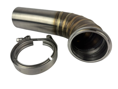 JackSpania Racing 3-inch downpipe with V-band turbo flange and O2 bung for exhaust systems and turbochargers.