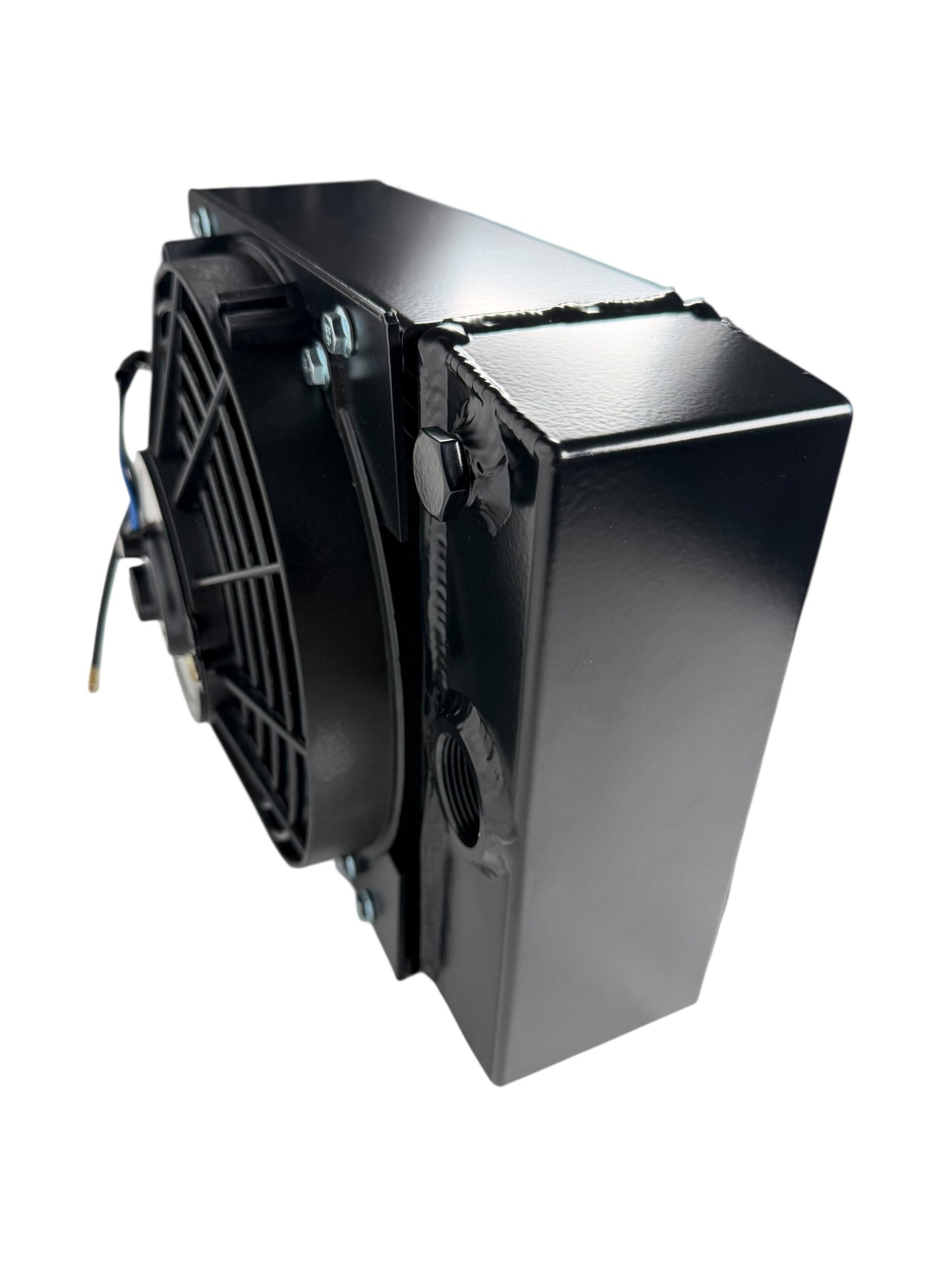 JackSpania Racing half-size compact drag tuck coolant radiator with 4-row core, 1.25" 16AN fittings, engine part.
