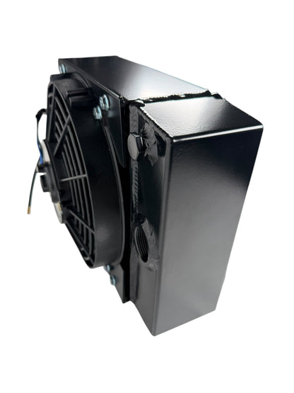 JackSpania Racing half-size compact drag tuck coolant radiator with 4-row core, 1.25" 16AN fittings, engine part.