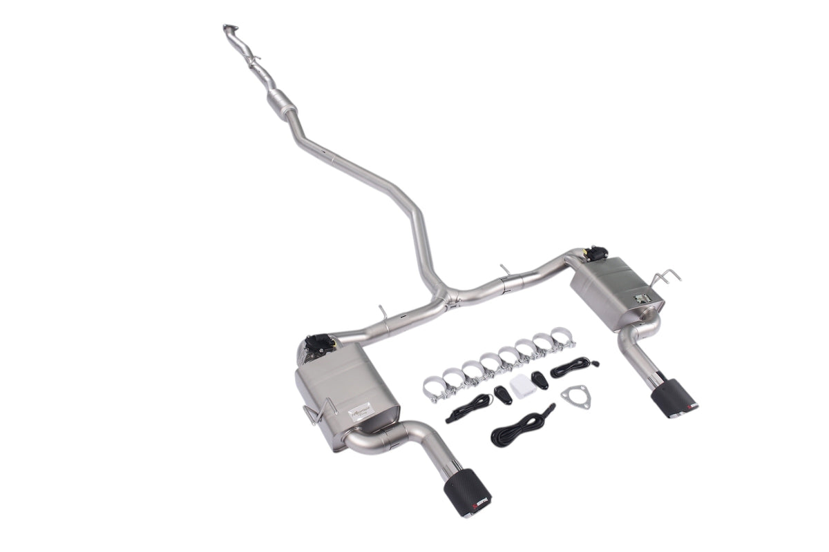 Honda Civic 1.5T sedan valved cat-back performance exhaust system by JackSpania Racing, showing polished stainless steel muffler and piping.
