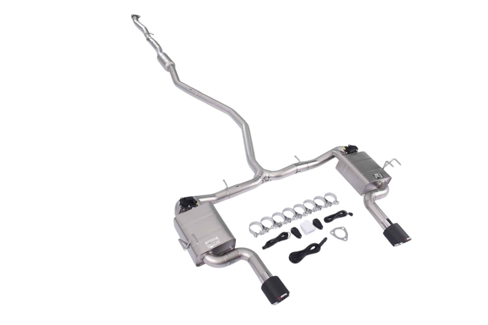 Honda Civic 1.5T sedan valved cat-back performance exhaust system by JackSpania Racing, showing polished stainless steel muffler and piping.