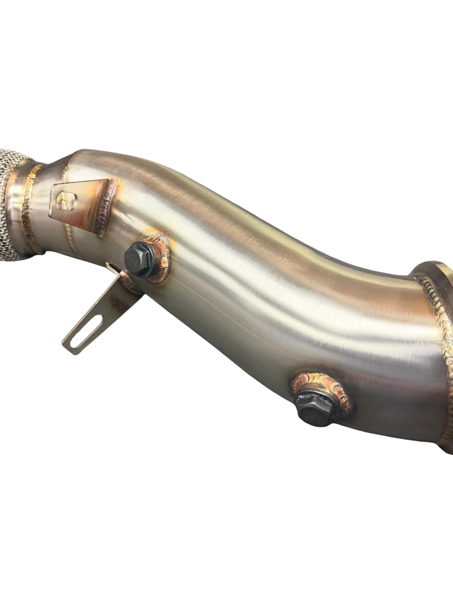 BMW B48 catless performance downpipe by JackSpania Racing, showing the exhaust pipe with a sleek metallic finish.