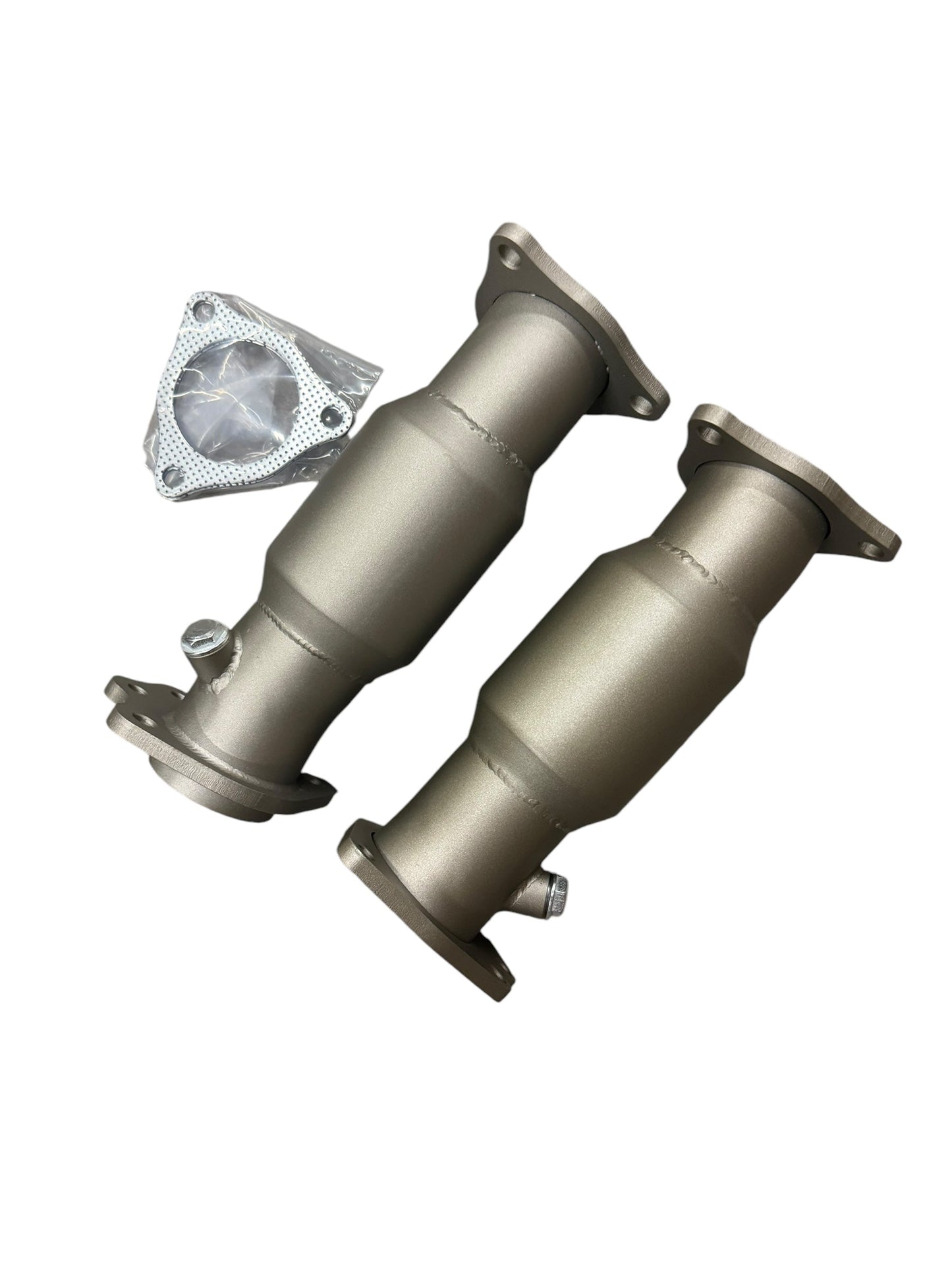 2020+ Chevrolet Corvette C8 high flow sport cats catalytic converter downpipes by JackSpania Racing, 3-inch exhaust parts, close-up view