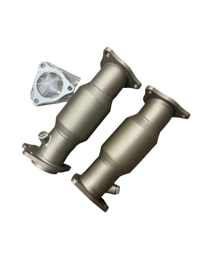 2020+ Chevrolet Corvette C8 high flow sport cats catalytic converter downpipes by JackSpania Racing, 3-inch exhaust parts, close-up view