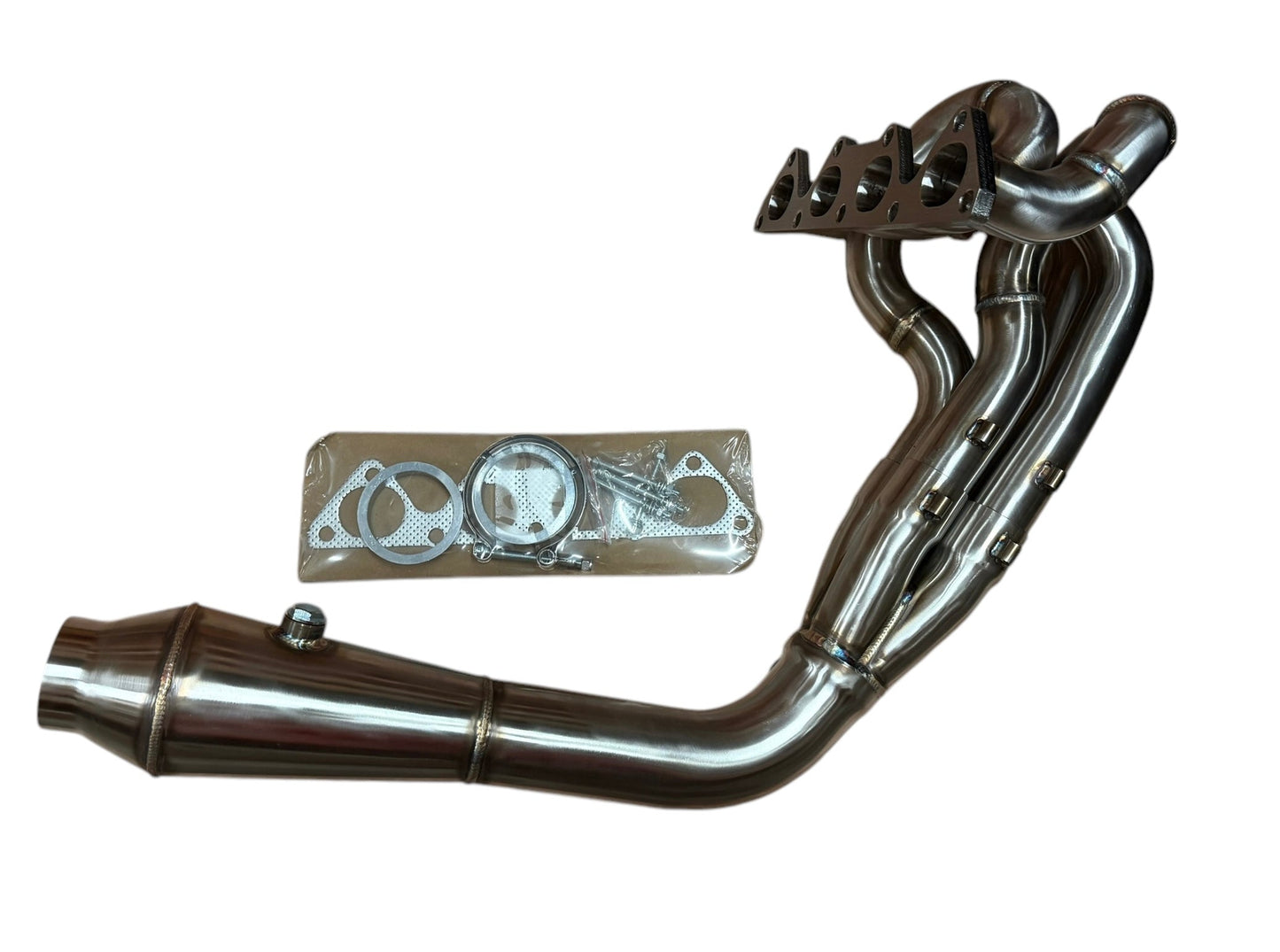 JackSpania Racing B Series 4-1 Ramhorn Megaphone Header with V-band, 3-inch diameter for B16, B18, B20 exhaust systems.