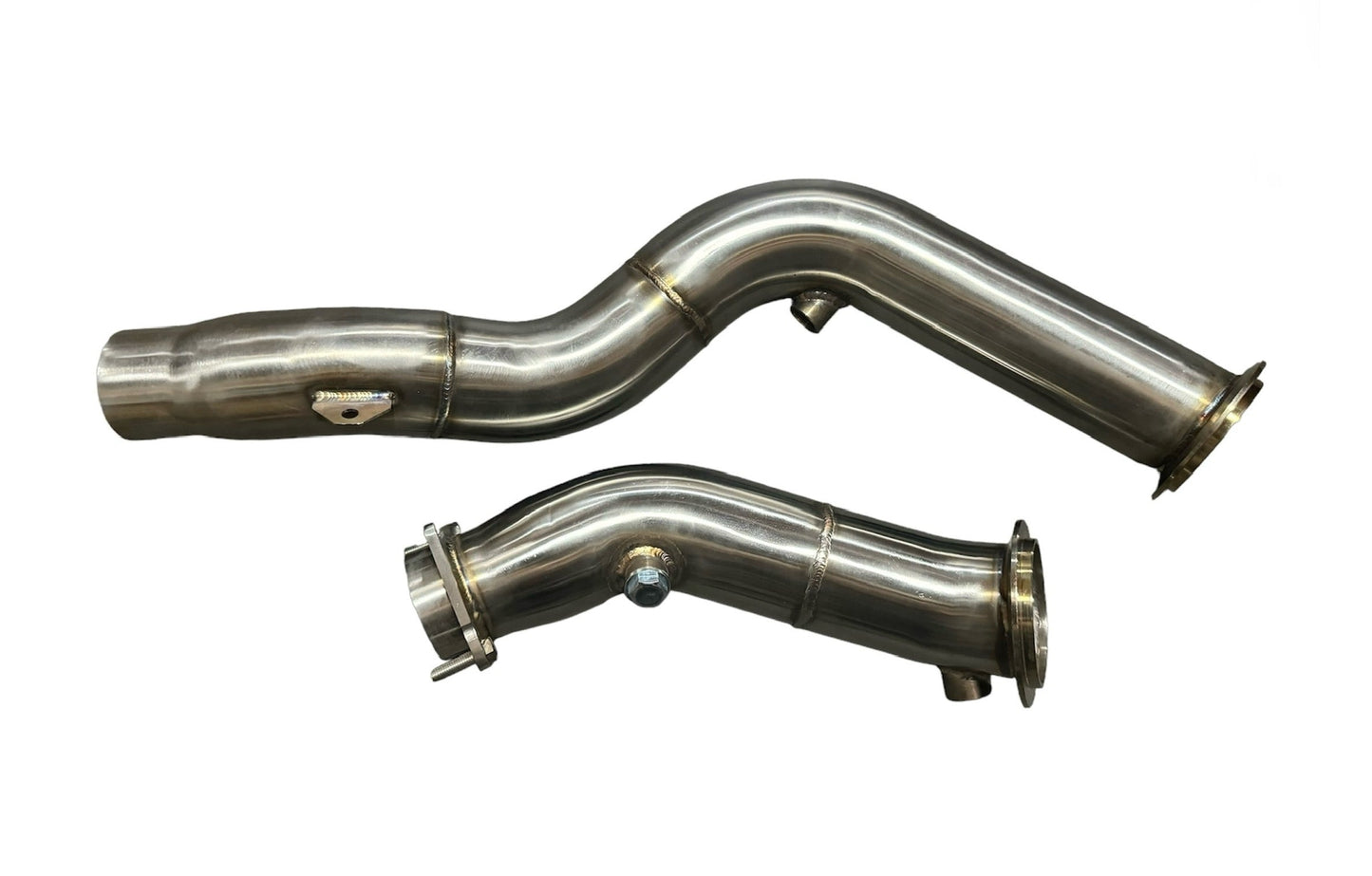 Stainless steel 3-inch downpipe for BMW S55 F80 F82 F87 M3 M4 exhaust parts by JackSpania Racing, shown installed on vehicle.