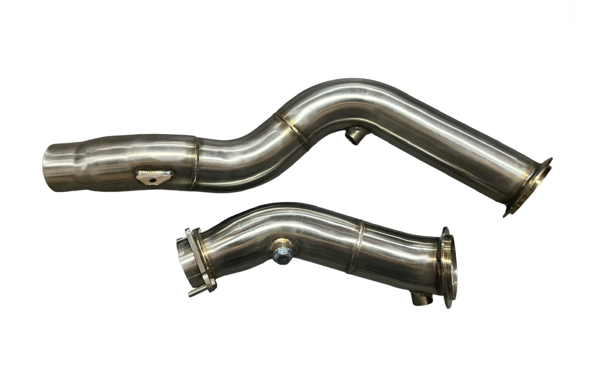 Stainless steel 3-inch downpipe for BMW S55 F80 F82 F87 M3 M4 exhaust parts by JackSpania Racing, shown installed on vehicle.