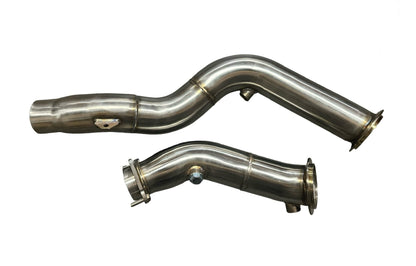 Stainless steel 3-inch downpipe for BMW S55 F80 F82 F87 M3 M4 exhaust parts by JackSpania Racing, shown installed on vehicle.