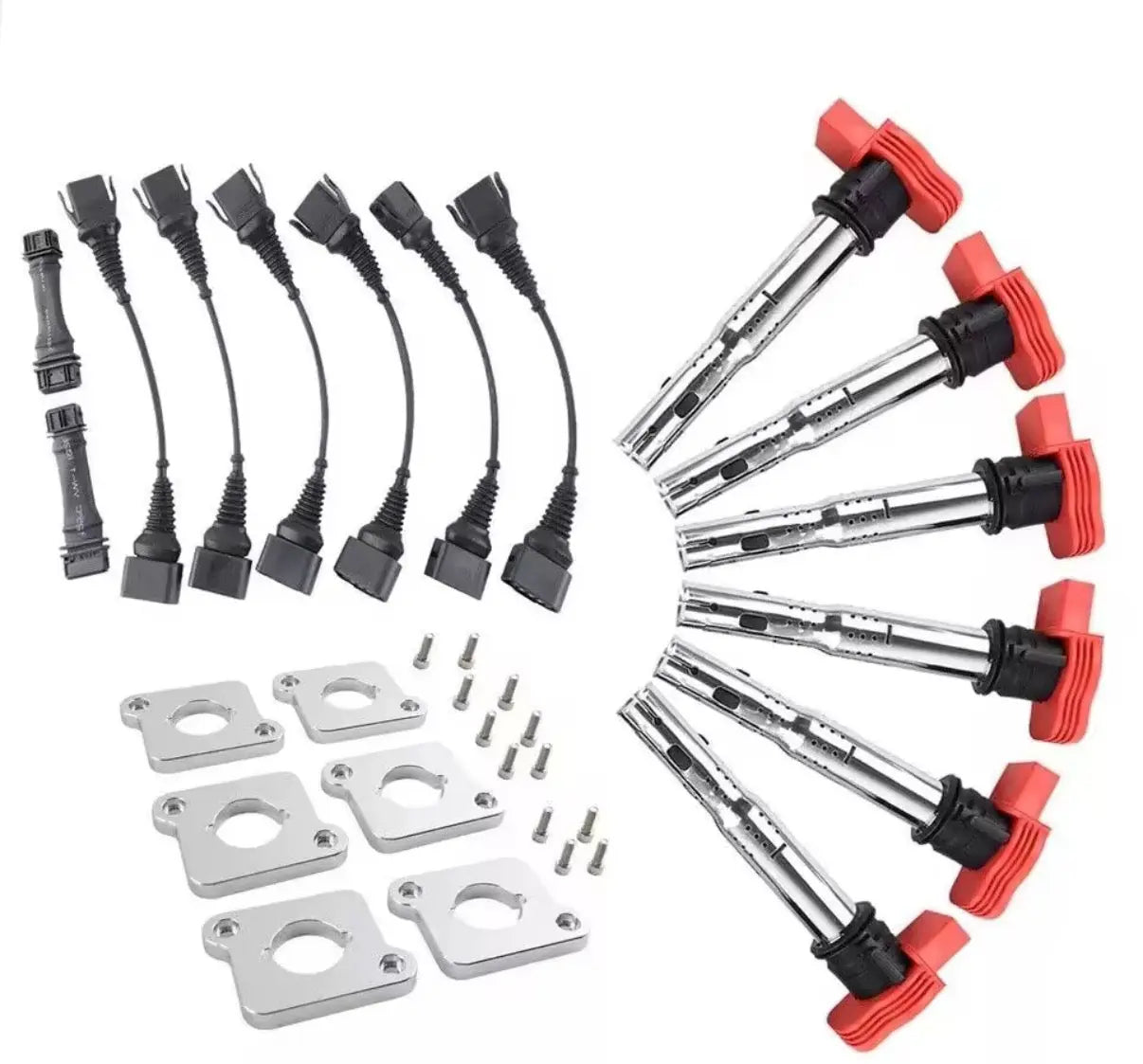Audi 2.7T coil conversion harness and ICM bypass kit for S4 RS4 B5 2.7T engine, showing the coilpack harness and components.