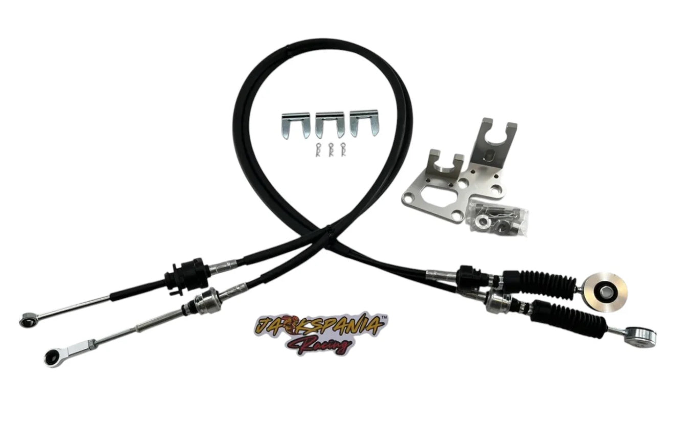 Jack Spania Racing K20 K24 RSX shifter cables and transmission bracket for K-series Civic with visible cables and bracket assembly.