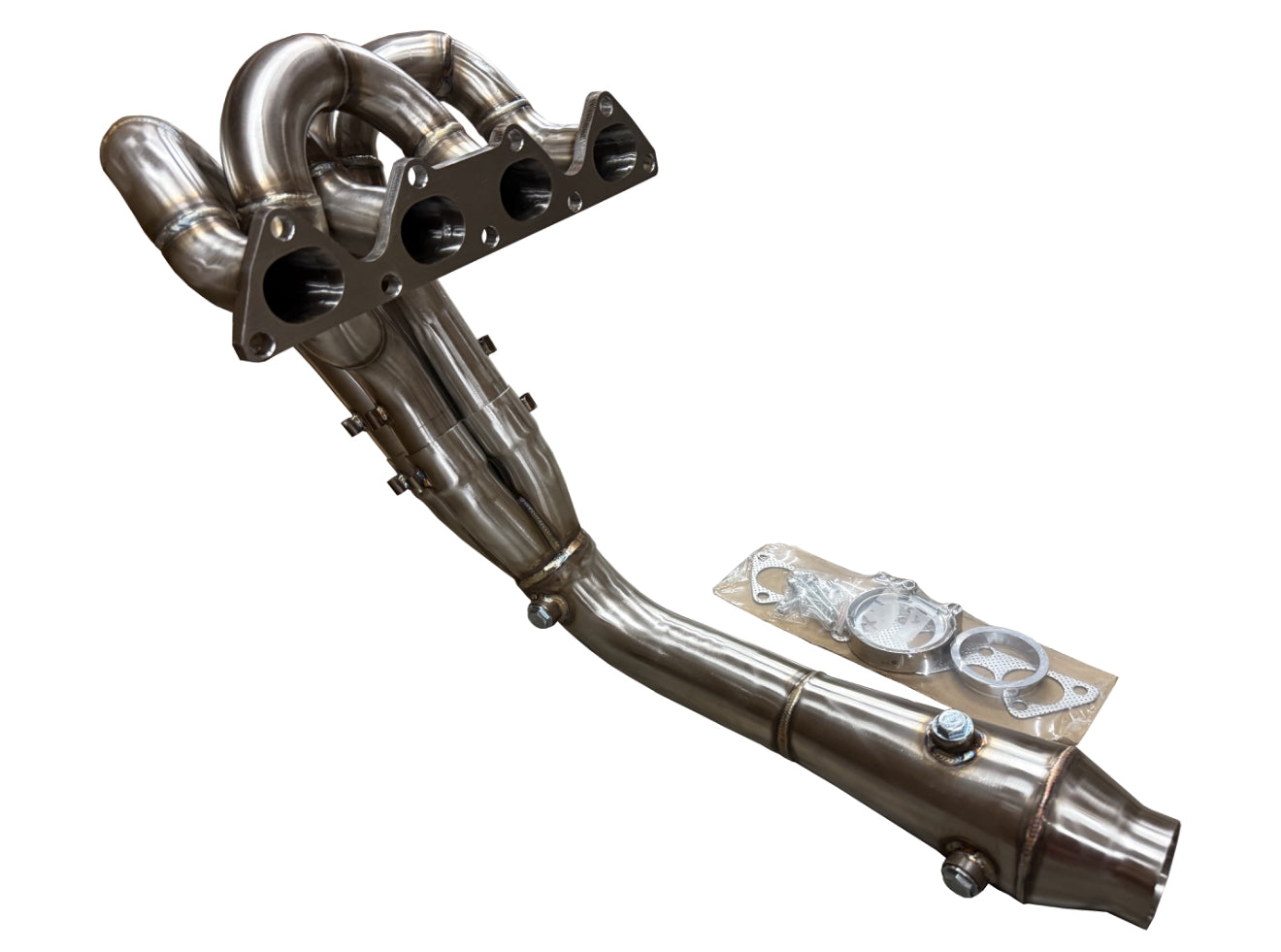 JackSpania Racing B Series 4-1 Ramhorn Megaphone Header Vband 3-inch exhaust part for B16, B18, B20 engines, shown in full view.