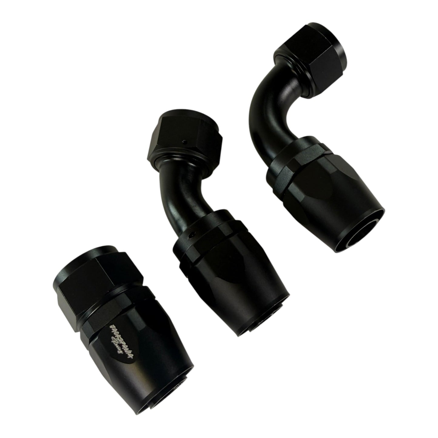 Jack Spania Racing AN10 10AN swivel hose end fittings in 0°, 45°, and 90° angles for engine performance applications.