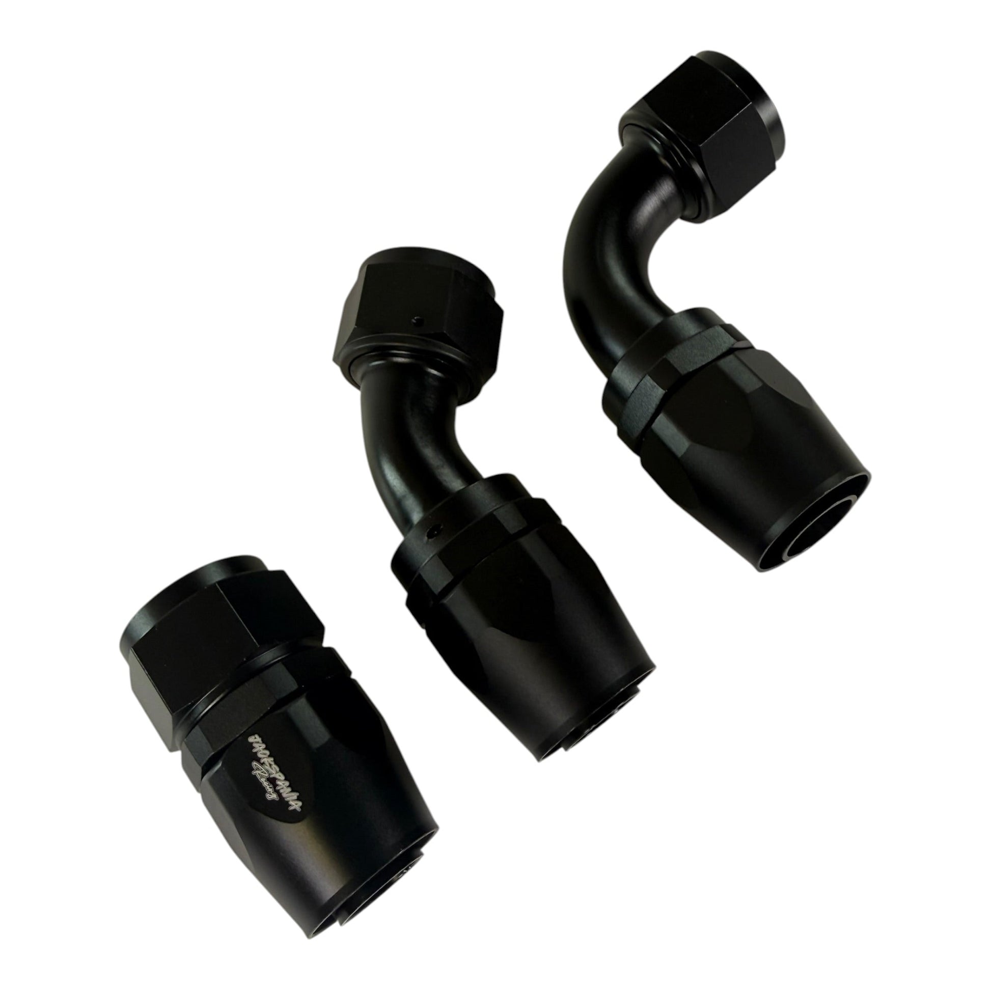 Jack Spania Racing AN10 10AN swivel hose end fittings in 0°, 45°, and 90° angles for engine performance applications.