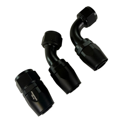 Jack Spania Racing AN10 10AN swivel hose end fittings in 0°, 45°, and 90° angles for engine performance applications.