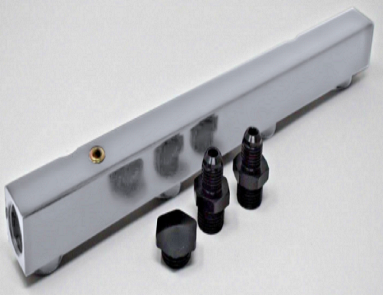 High flow K Series fuel rail for Honda Acura K20 K24 engines, shown in black with mounting brackets, by Jack Spania Racing.