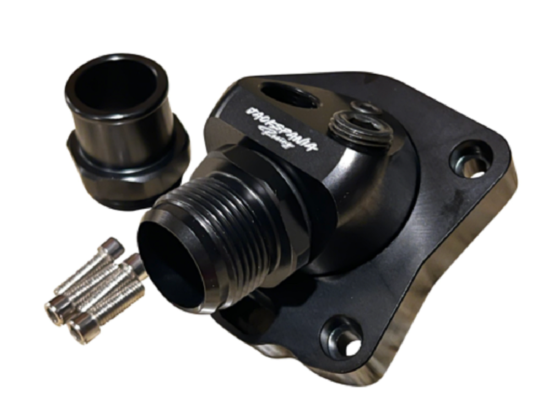 Swivel neck thermostat housing for K-series engines by Jack Spania Racing, compatible with K20, K24, and Civic radiator hoses.