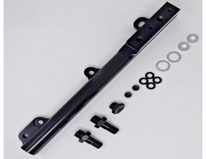 Jack Spania Racing D Series fuel rail for Honda Civic Si, Integra, and CRX non-VTEC engine parts, shown mounted on engine.