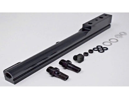 Jack Spania Racing D Series fuel rail for Honda Civic Si, Integra, and CRX non-VTEC engine parts, shown installed on engine.