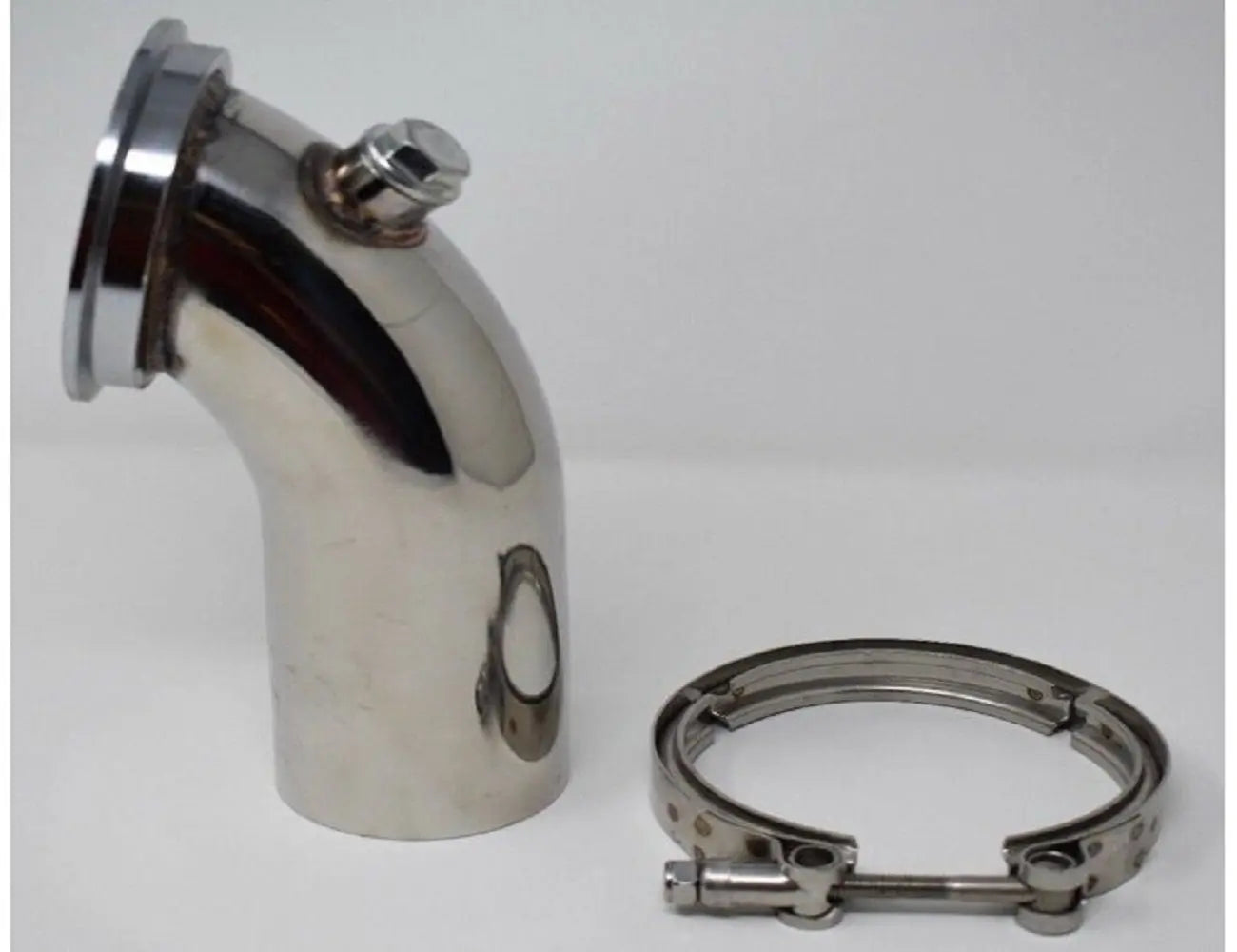 Stainless steel 90° downpipe elbow with V-band flange clamp for Holset HY35 turbo exhaust system by Jack Spania Racing