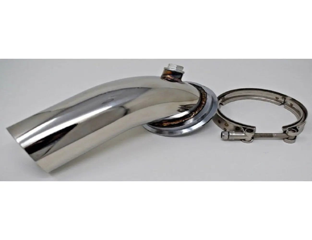 Stainless 90° downpipe elbow for Holset turbo exhaust system with V-band flange clamp, suitable for Jack Spania Racing HY35 HX HE351.