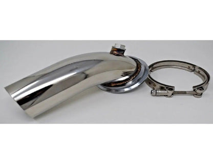 Stainless 90° downpipe elbow for Holset turbo exhaust system with V-band flange clamp, suitable for Jack Spania Racing HY35 HX HE351.
