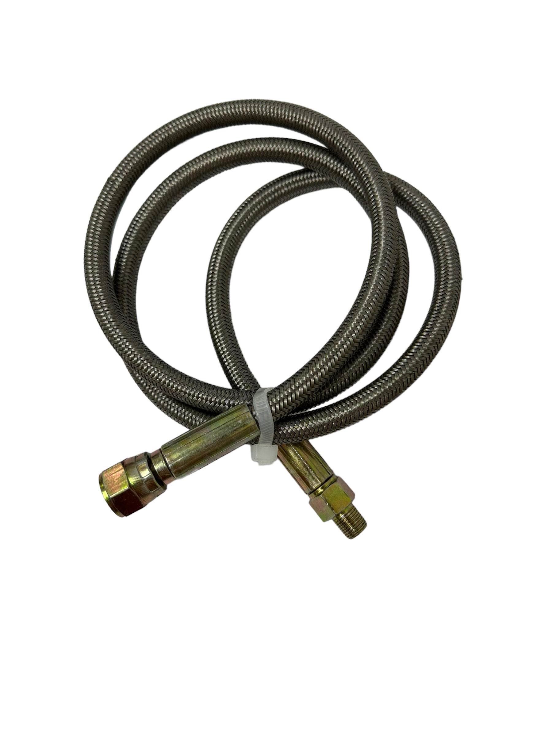Stainless steel braided turbo oil feed line hose with 4 AN straight fitting from JackSpania Racing for engine performance.