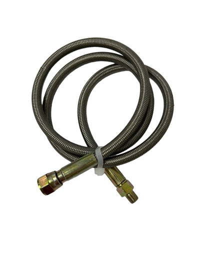 Stainless steel braided turbo oil feed line hose with 4 AN straight fitting from JackSpania Racing for engine performance.