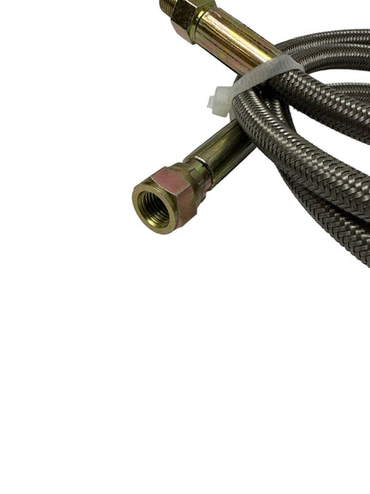 Stainless steel braided turbo oil feed line hose 4 AN straight for engine parts by JackSpania Racing, showcasing durable metal construction.