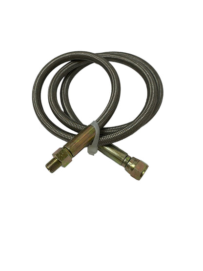 Stainless steel braided turbo oil feed line hose with 4 AN straight fittings by JackSpania Racing for engine performance.
