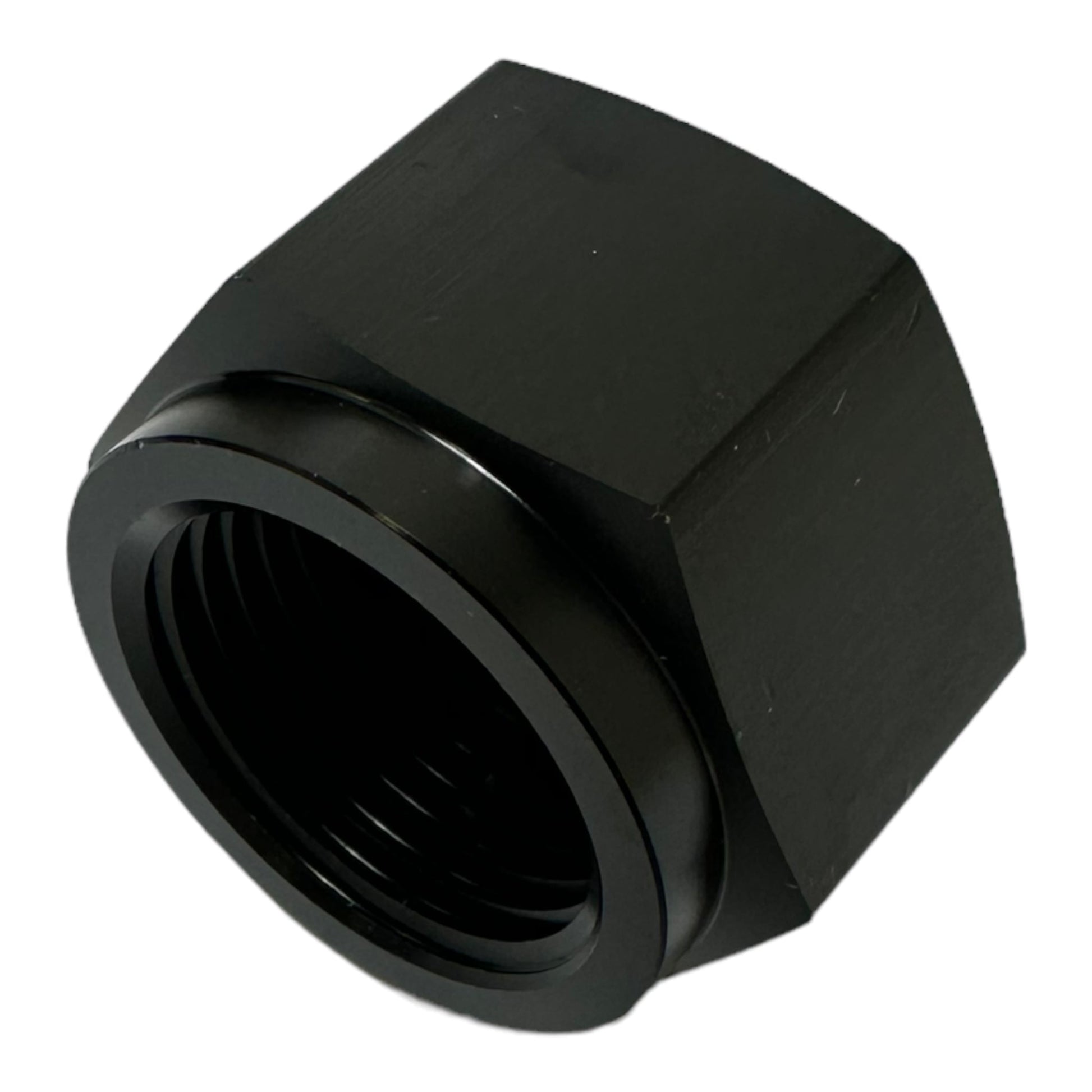 Black aluminum 10AN flare caps for coolant, air, fuel, and oil lines by JackSpania Racing, designed for engine maintenance.