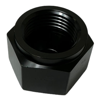 Black aluminum 10AN O-ring flare cap block by JackSpania Racing for coolant, air, fuel, and oil engine applications.