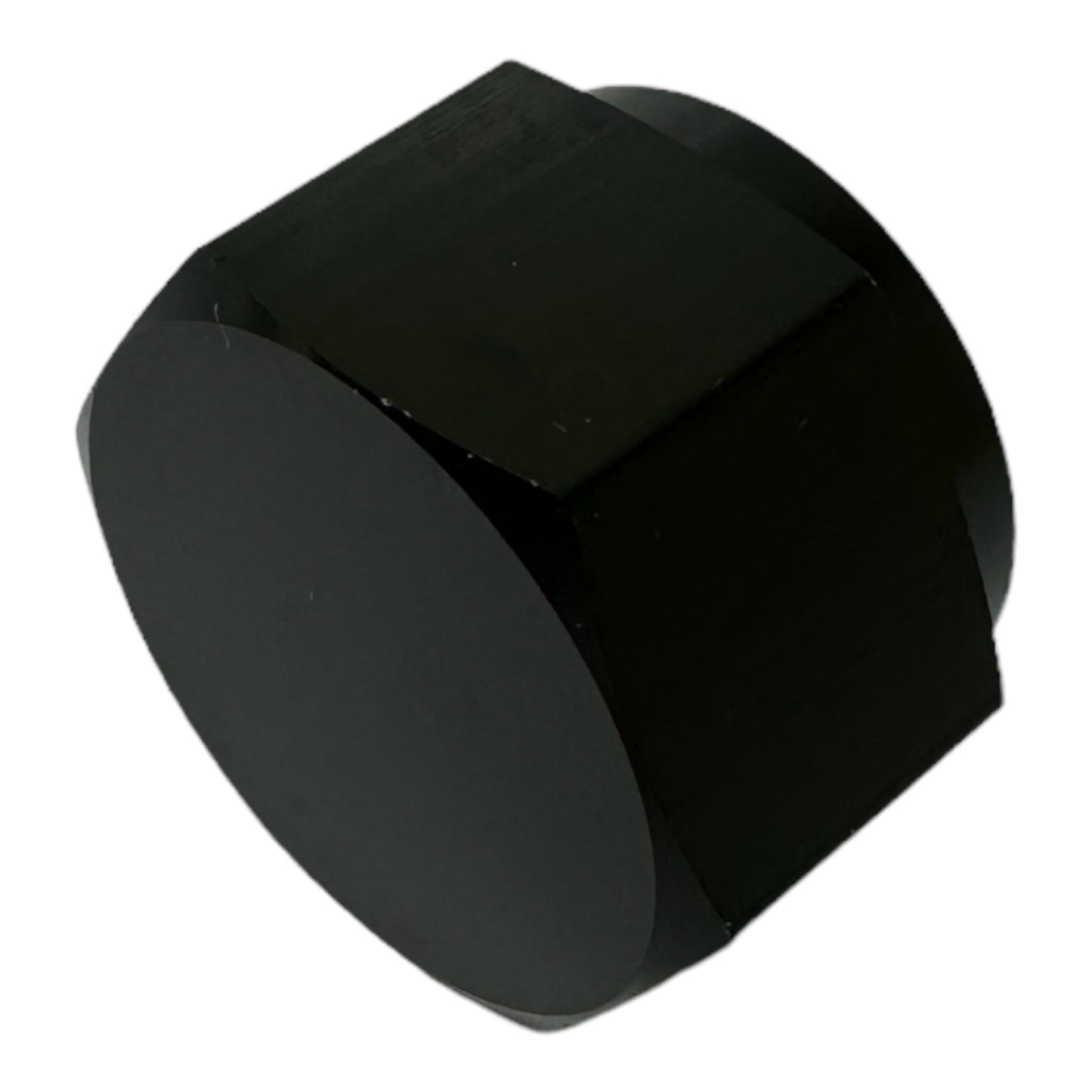 Black aluminum 10AN flare cap block for coolant, air, fuel, and oil lines by JackSpania Racing, used in engine applications.