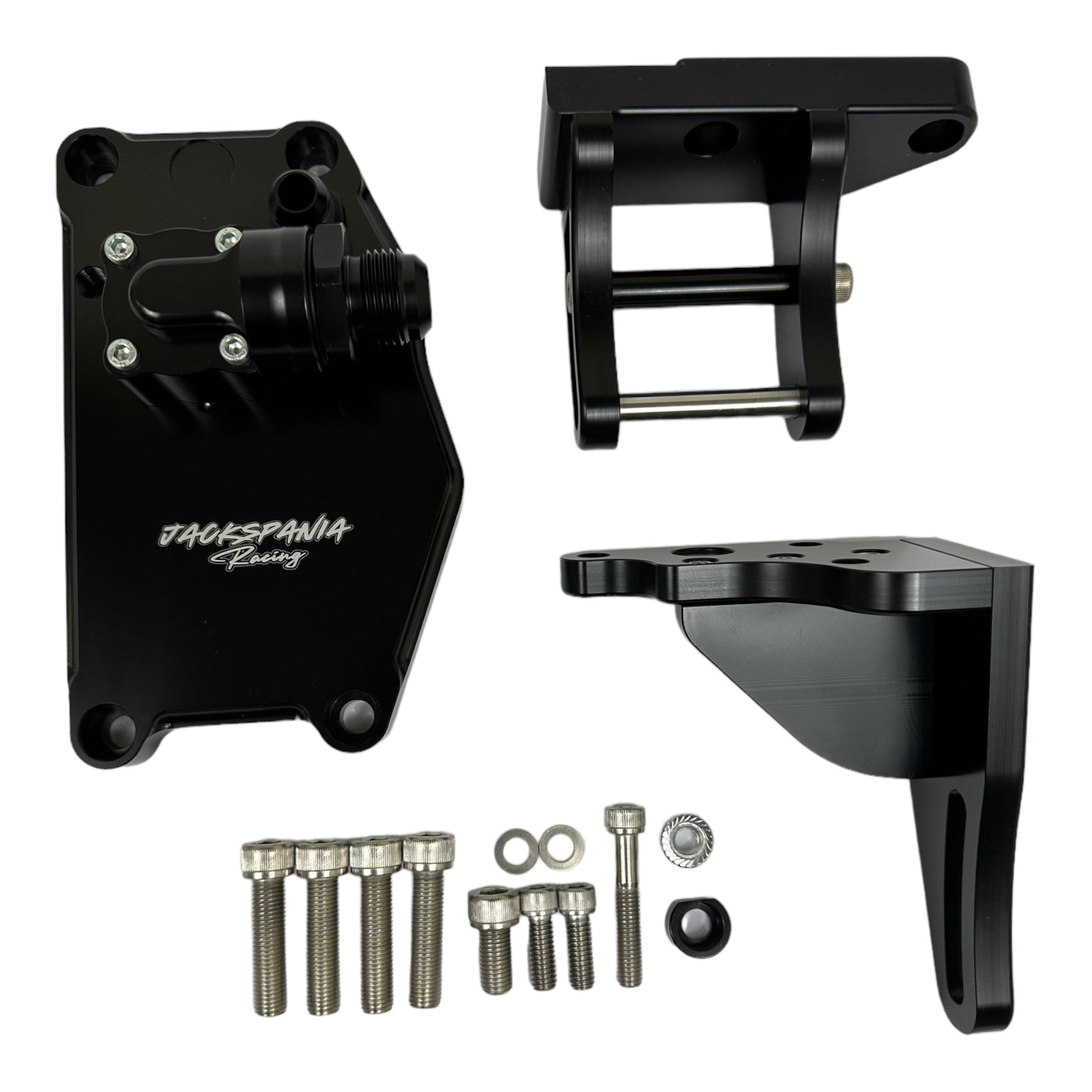 JackSpania Racing K20 K24 K Series electric water plate kit with alternator brackets and fittings for engine cooling.