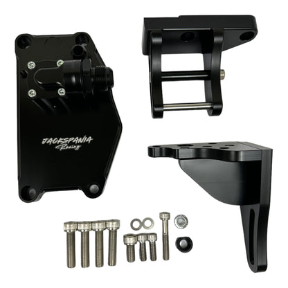 JackSpania Racing K20 K24 K Series electric water plate kit with alternator brackets and fittings for engine cooling.