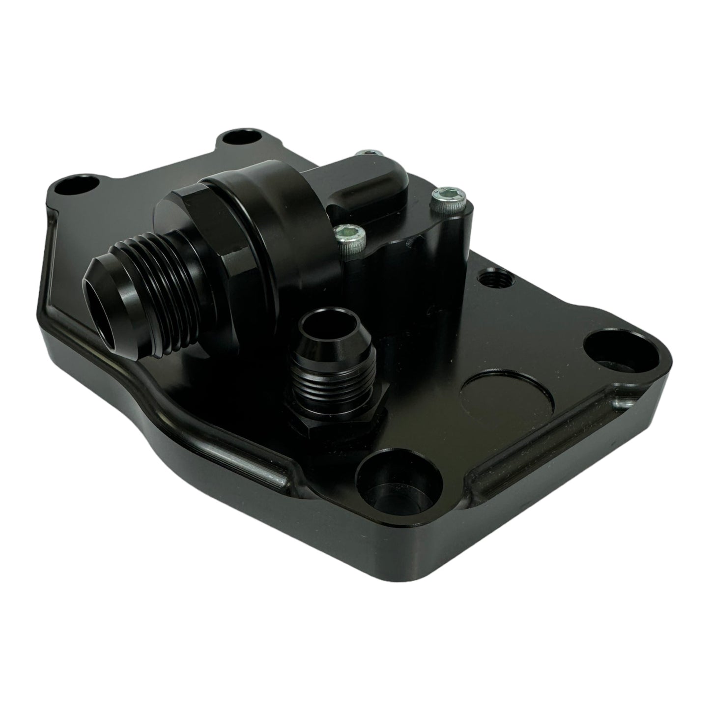 JackSpania Racing K20 K24 K Series electric water plate kit with alternator brackets and fittings installed on engine.