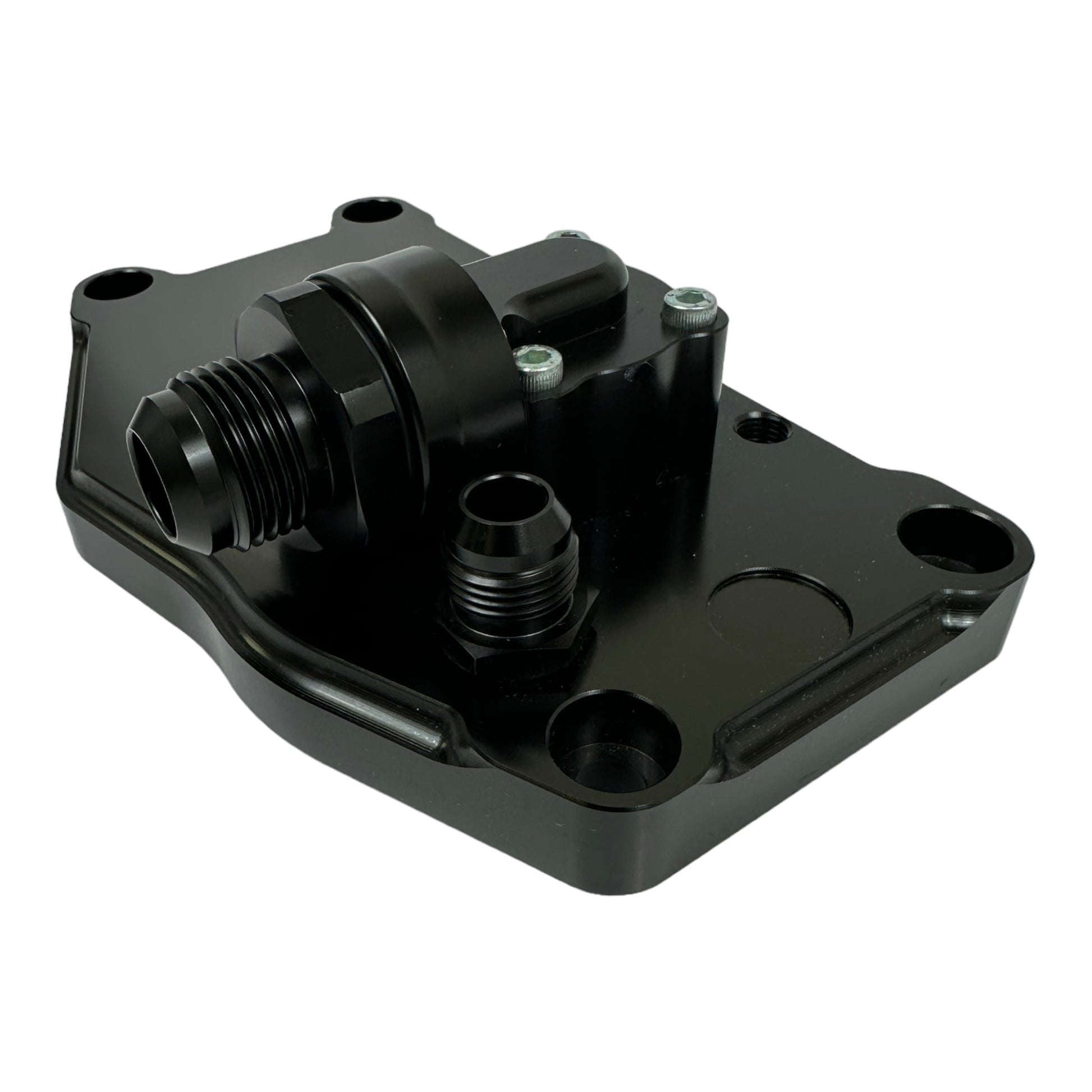 JackSpania Racing K20 K24 K Series electric water plate kit with alternator brackets and fittings installed on engine.
