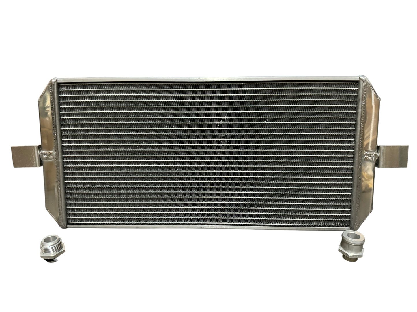 Full size tucked radiator for Honda Acura B Series K Series engines by Jack Spania Racing, with 16AN shroud and engine parts.