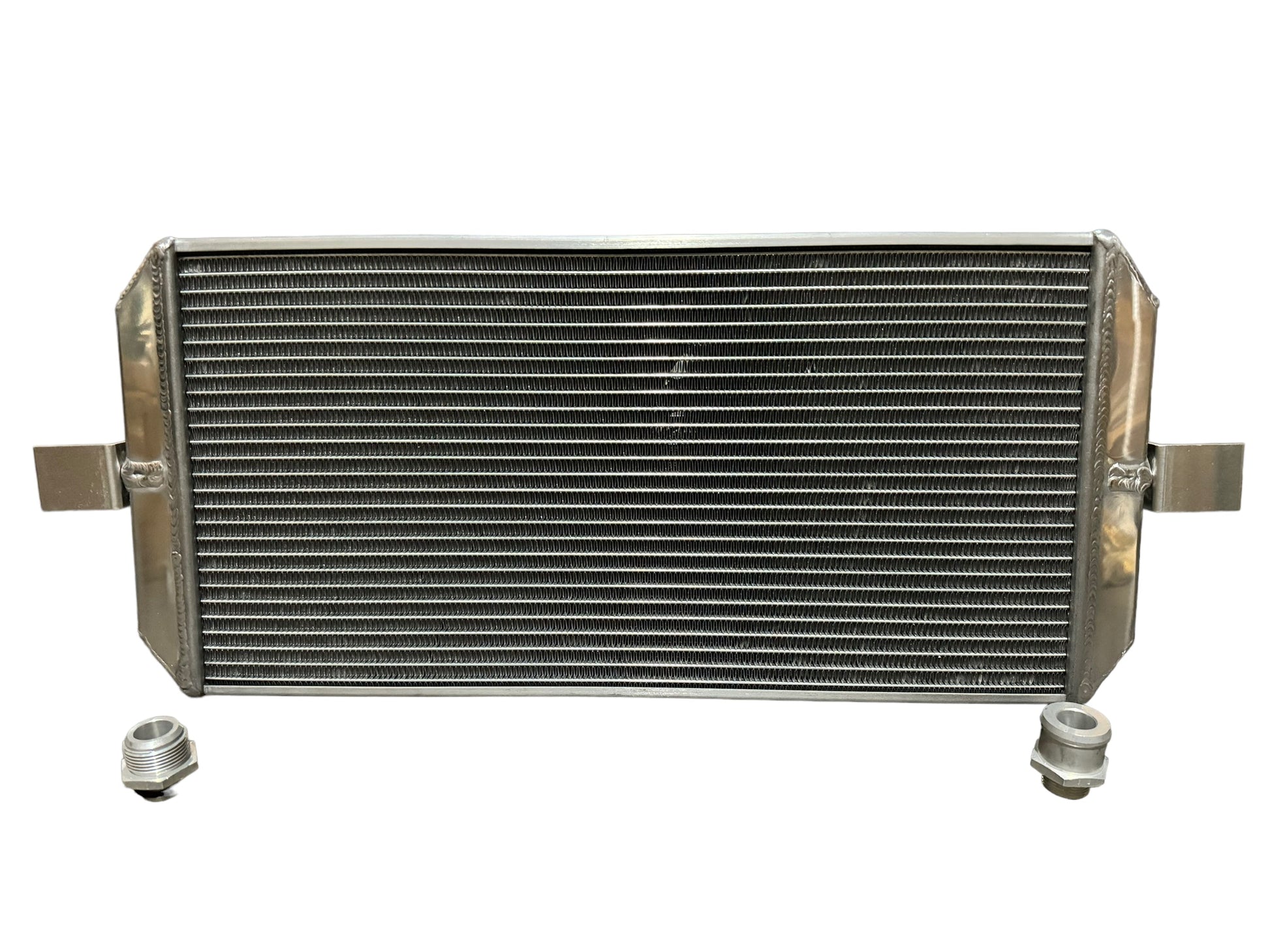 Full size tucked radiator for Honda Acura B Series K Series engines by Jack Spania Racing, with 16AN shroud and engine parts.