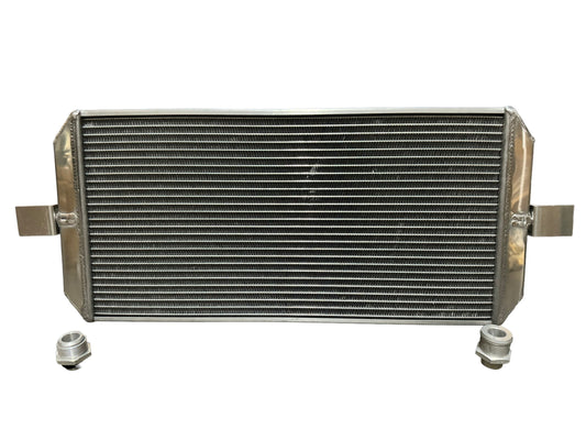 Full size tucked radiator for Honda Acura B Series K Series engines by Jack Spania Racing, with 16AN shroud and engine parts.