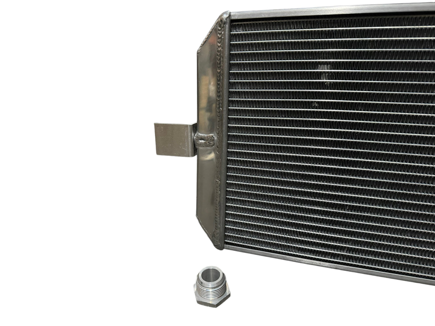 Full size tucked radiator for Honda Acura B Series and K Series engines by Jack Spania Racing, with 16AN shroud, engine cooling part.