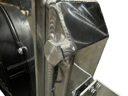 Full size XL tucked radiator for Honda Acura B and K Series engines, designed by Jack Spania Racing with 16AN shroud.