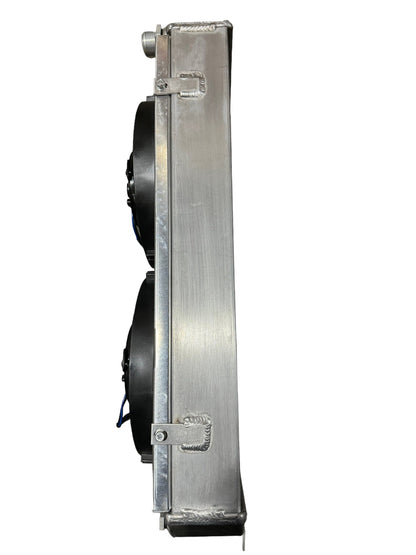 Full size tucked radiator for Honda Acura B and K series engines, with 16AN shroud from Jack Spania Racing, engine cooling part.