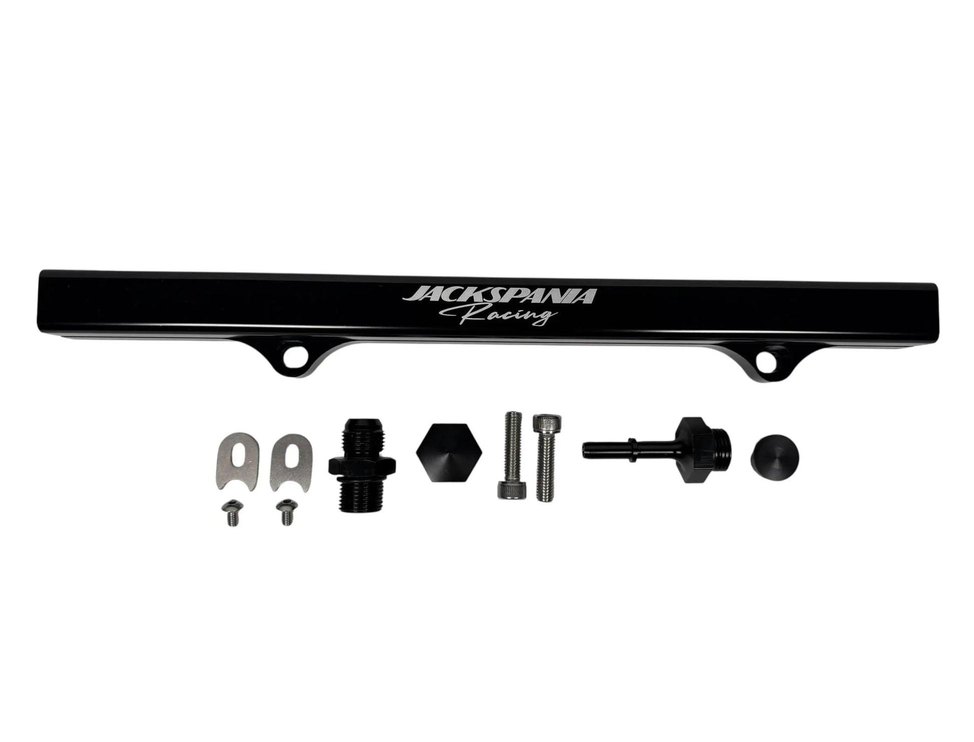 Jack Spania Racing billet CNC fuel rail for 6AN 8AN K Swap Honda Acura engine swap, shown mounted on engine.