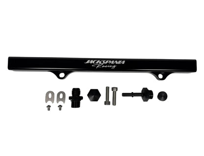 Jack Spania Racing billet CNC fuel rail for 6AN 8AN K Swap Honda Acura engine swap, shown mounted on engine.