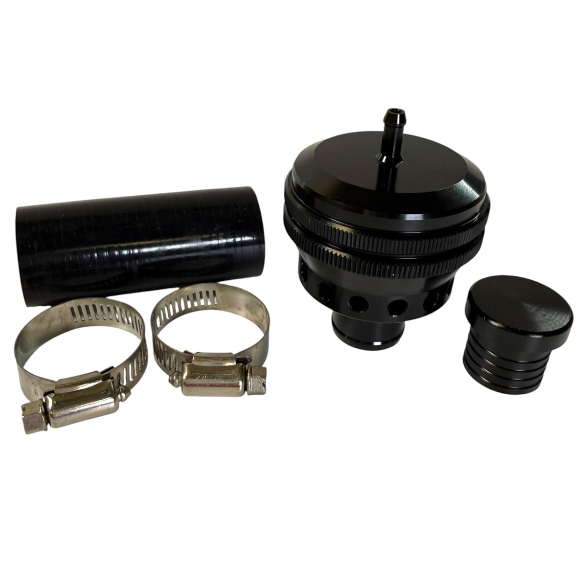 JackSpania Racing dual piston blow off valve for MK4 A4 S4 1.8T 2.7T, engine part with metal and rubber components.
