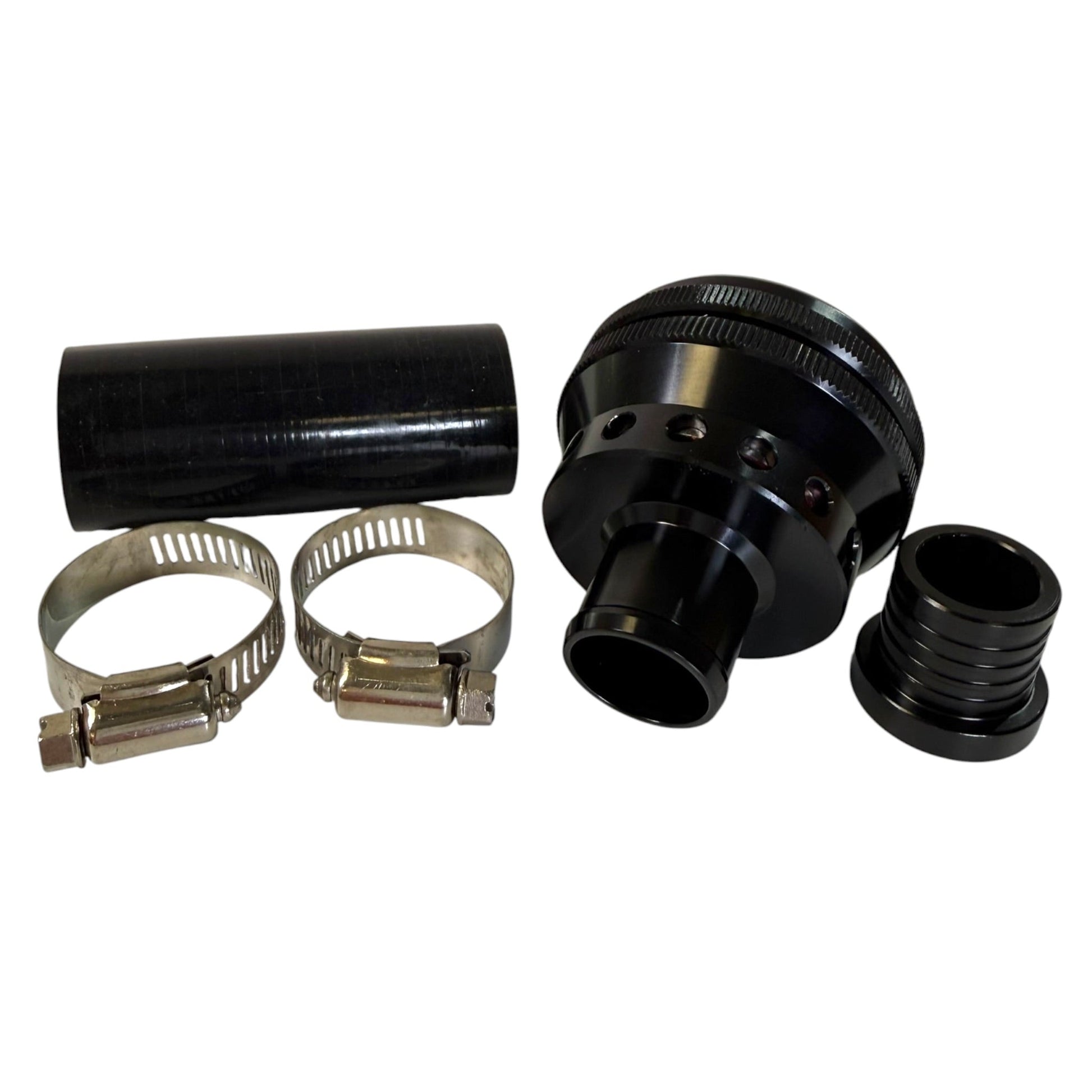 JackSpania Racing dual piston blow off valve for MK4 A4 S4 1.8T 2.7T engine, showing the silver BOV with mounting bracket.