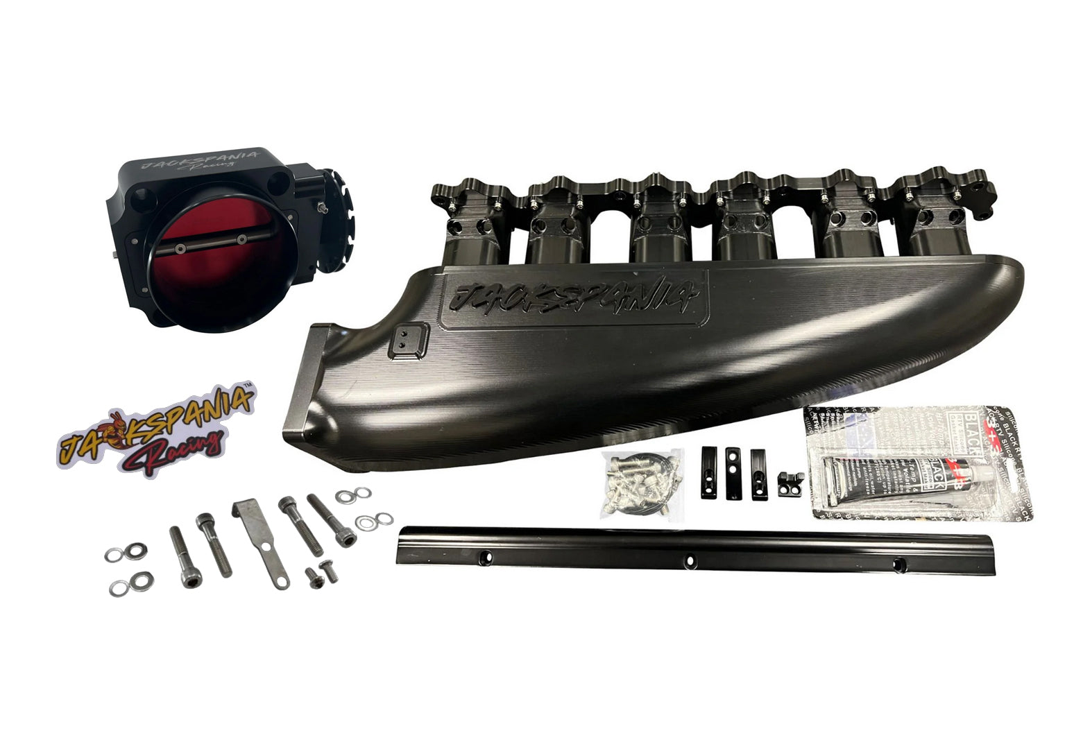 Fully billet 2JZ GTE intake manifold with 12 injector fuel rail and throttle body for high-performance engine by Jack Spania Racing.
