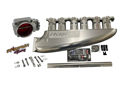 Fully billet 2JZ GTE intake manifold with throttle body and 6-12 injector ports, designed for high-performance engine builds.