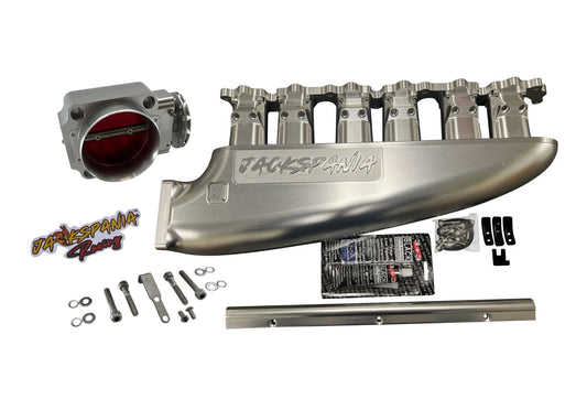 Fully billet 2JZ GTE intake manifold with throttle body and 6-12 injector ports, designed for high-performance engine builds.